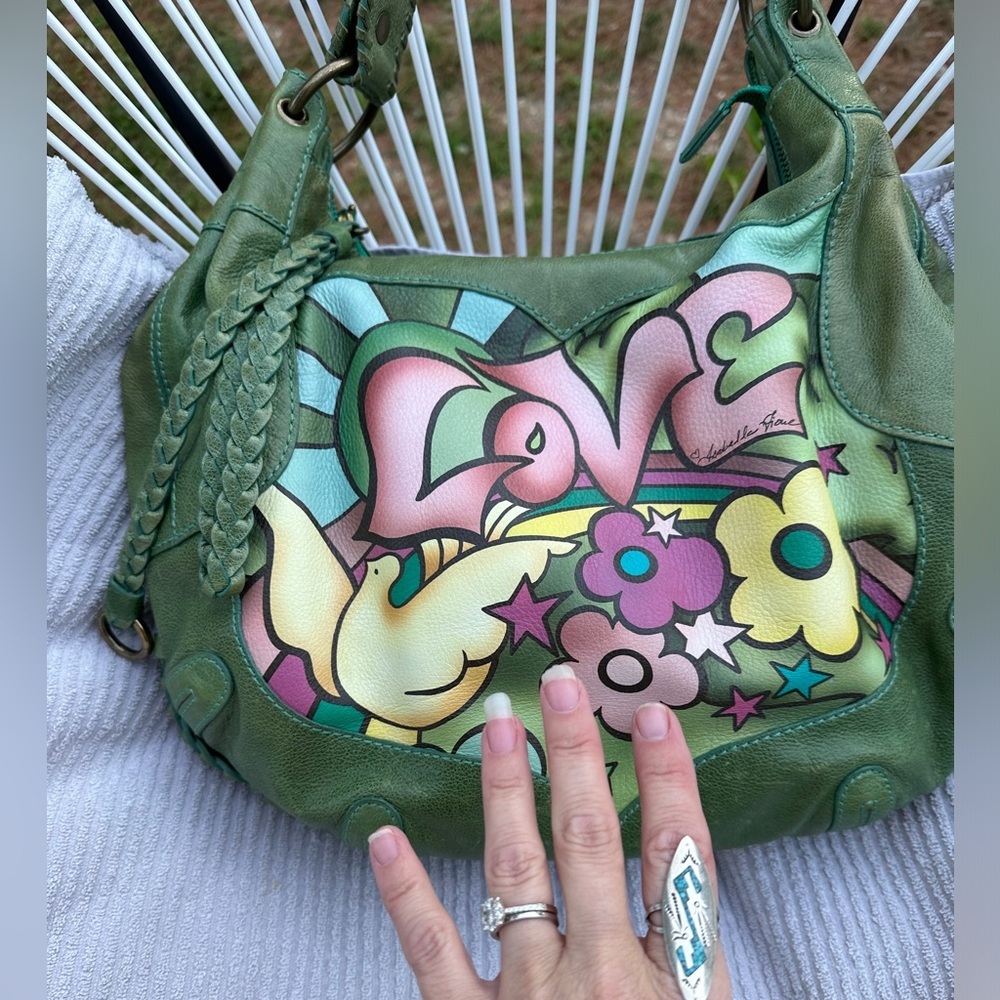 SOLD! Isabella Fiore Love Dove Tattoo Bag Green Leather Hand Painted Signed SOLD - Picture 2 of 14